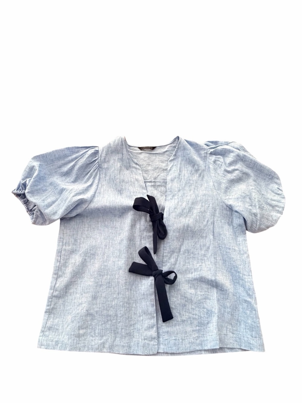 Zara Light Blue Puff Sleeve Blouse with Navy Bow Details Small - Picture 4 of 8